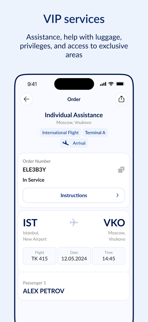 Captura de pantalla de la aplicación EVERY que muestra un pedido de asistencia VIP individual para una llegada al aeropuerto.