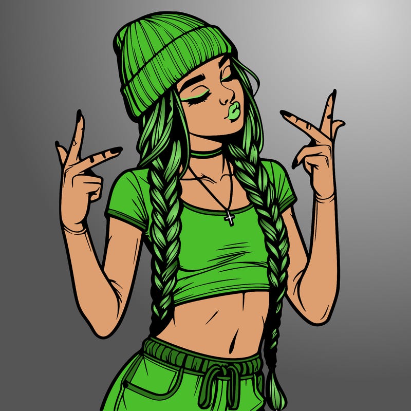 realistic teenage girl with braids and a beanie and crop top doing 🫶🏼