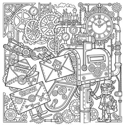 Dive into a whimsical world where Victorian engineering meets festive wishes with our Steampunk Letters to Santa coloring page. This intricate design features mechanical mailboxes, gears, and a charming robot elf ready for your vibrant colors.