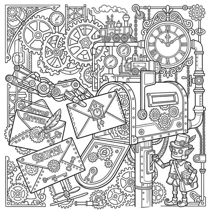 Dive into a whimsical world where Victorian engineering meets festive wishes with our Steampunk Letters to Santa coloring page. This intricate design features mechanical mailboxes, gears, and a charming robot elf ready for your vibrant colors.
