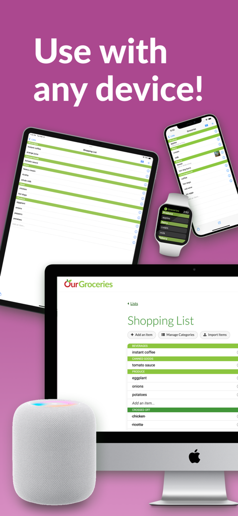 Our Groceries shopping list app synchronized across iPhone iPad Apple Watch and desktop computer