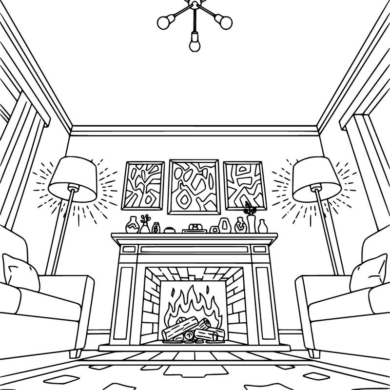 interior living room, furnished, fire in a fireplace,  lamps, kniknacks, solid mantel, paintings on the wall, realistic with fine detail