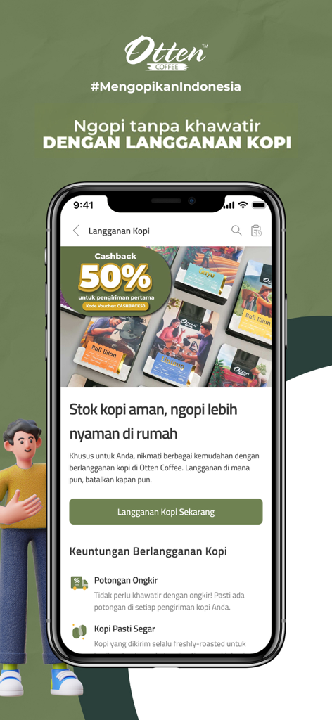 Otten Coffee - Otten Coffee mobile app interface for coffee subscription service with cashback promo