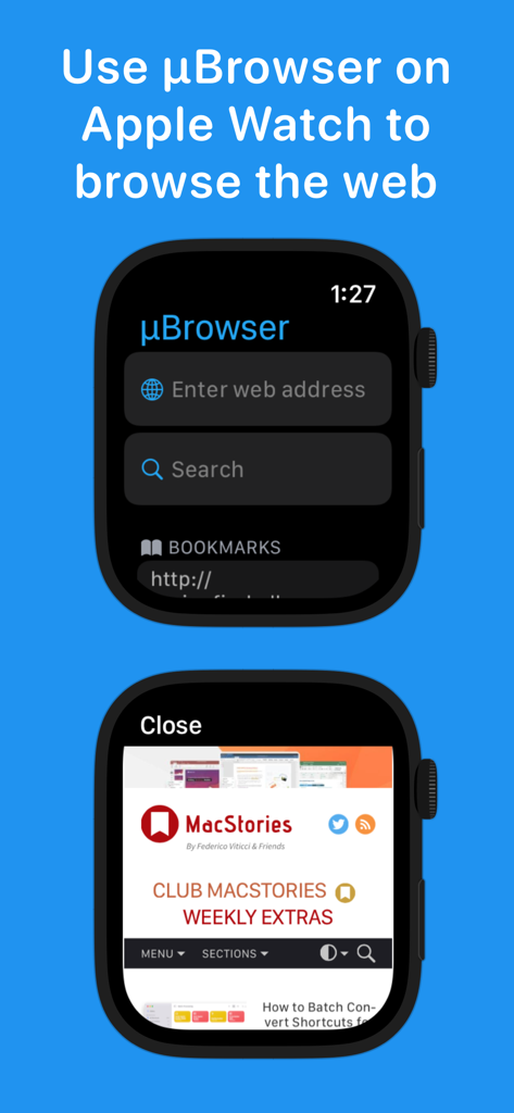 A screenshot showcasing the uBrowser app on an Apple Watch display with options to search and enter a web address