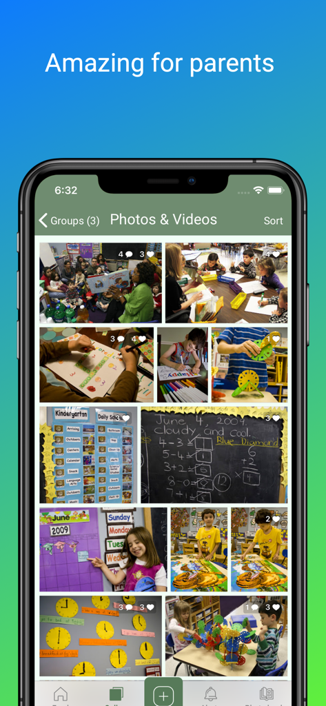 Homeroom Private Photo Sharing - Smartphone screen showing the Homeroom app interface with a private gallery of classroom photos and videos for parents