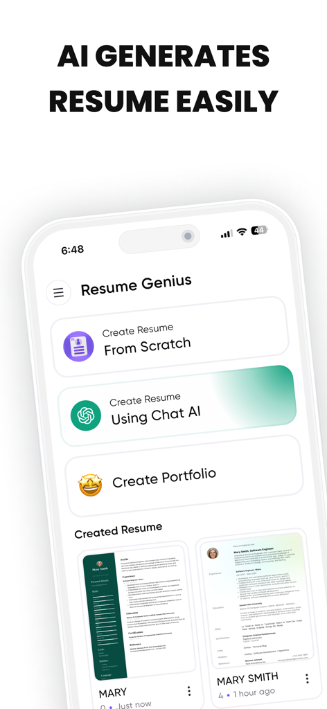 Resume io - Mobile interface of the Resume io app highlighting AI resume generation and professional templates
