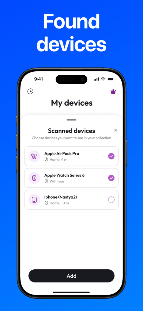 Find my Pods & Device - A mobile app interface displaying a list of found Bluetooth devices including AirPods Pro and Apple Watch with their locations.