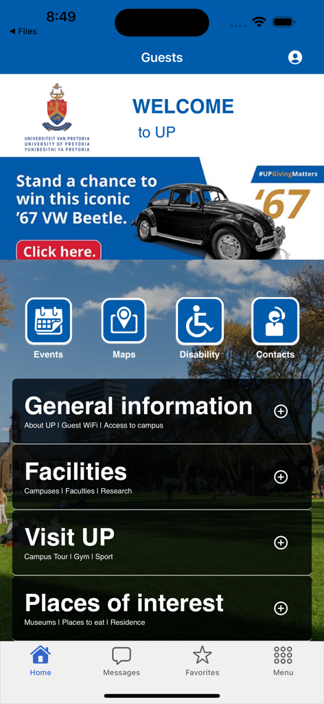 UP Mobile App - La schermata principale ospite dell'app mobile dell'Università di Pretoria con icone di navigazione del campus e categorie di informazioni generali