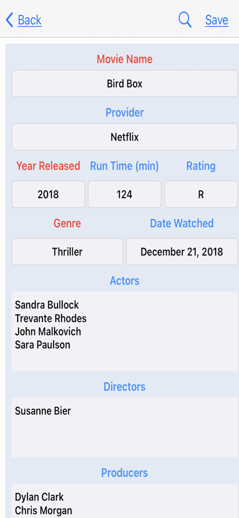 Movie details entry for Bird Box showing provider year and cast in the Movies I Have Watched app