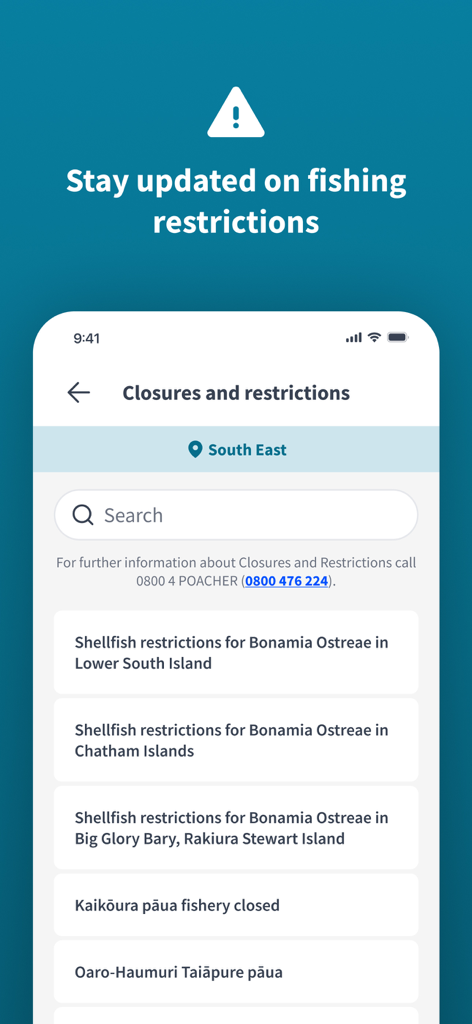 NZ Fishing Rules - Pantalla de la aplicación móvil que muestra cierres y restricciones de pesca regionales en Nueva Zelanda.