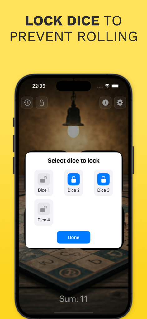 Interfaz de la app Just Roll mostrando un menú de selección para bloquear resultados de dados específicos de ser lanzados