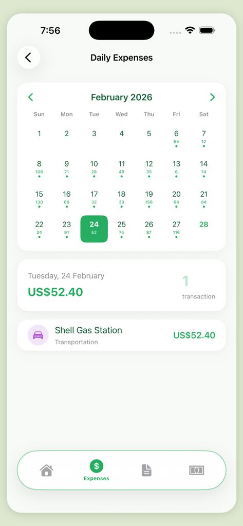 Bildschirm der Budget Planner App, der einen Kalender für tägliche Ausgaben für Februar 2026 mit Details zu Transporttransaktionen anzeigt