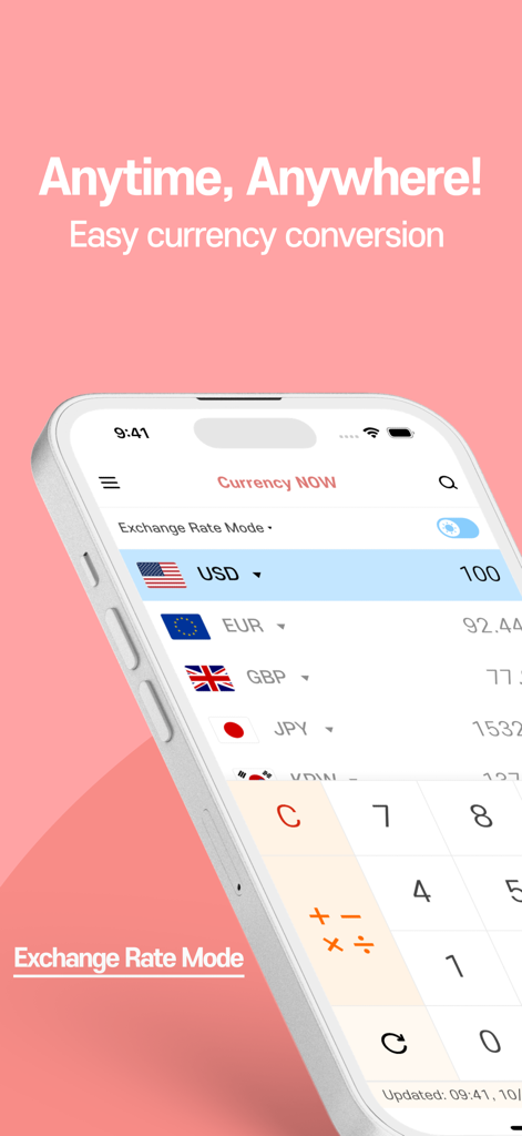 Currency Converter NOW+ - Interfaz de la aplicación Convertidor de Divisas NOW mostrando tipos de cambio globales y un teclado numérico