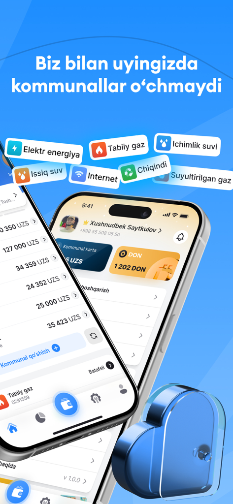 Interfaz de la aplicación HGT para pagos de servicios públicos en Uzbekistán en pantallas de iPhone