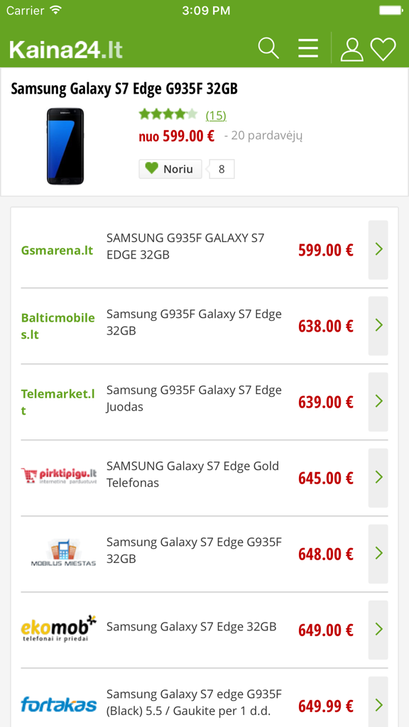 Kaina24.lt - A screenshot of the Kaina24 price comparison app showing multiple store offers for a Samsung Galaxy S7 Edge