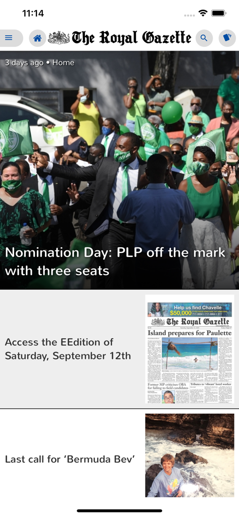 Royal Gazette eEdition - The Royal Gazette eEdition app home screen featuring local Bermuda news stories and digital newspaper access