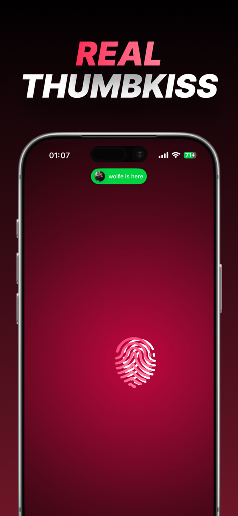 Thumbkiss: Couple Touch - Thumbkiss app interface showing a pink fingerprint icon for real-time touch interaction between partners