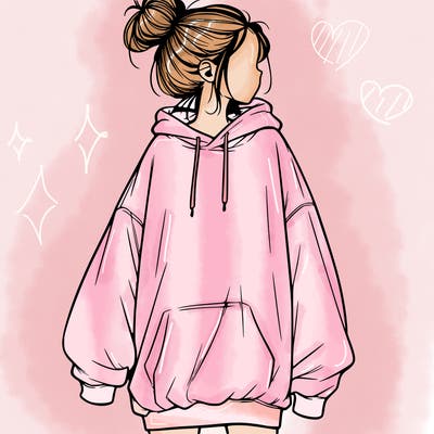 realistic girl with a oversized sweatshirt on and a bun