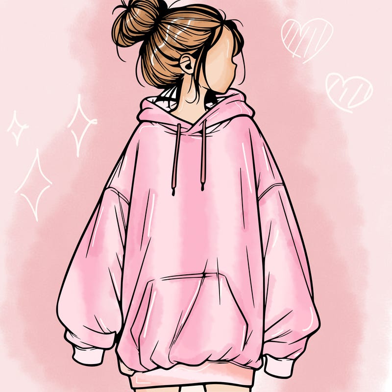 realistic girl with a oversized sweatshirt on and a bun