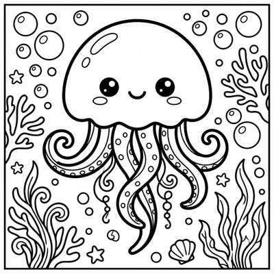 Discover the charm of the deep sea with this delightful Kawaii Irukandji Jellyfish coloring page. Its friendly face and whimsical underwater scene offer a unique and engaging coloring experience for marine life enthusiasts.