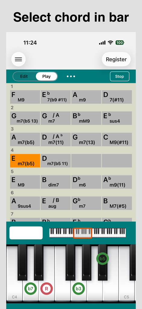 A screen from Piano Chords Master app showing a chord progression grid and a piano keyboard with chord tone indicators