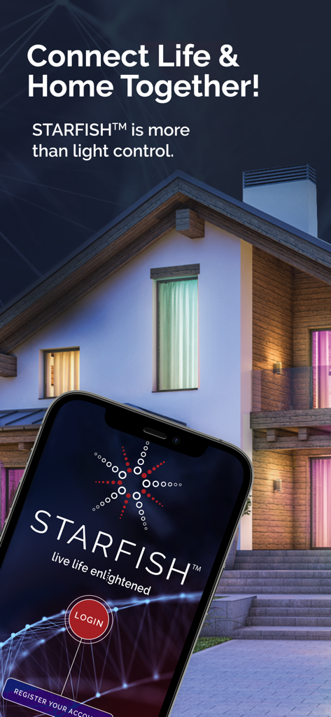 Starfish smart lighting app login screen shown against a modern house with illuminated colorful windows.