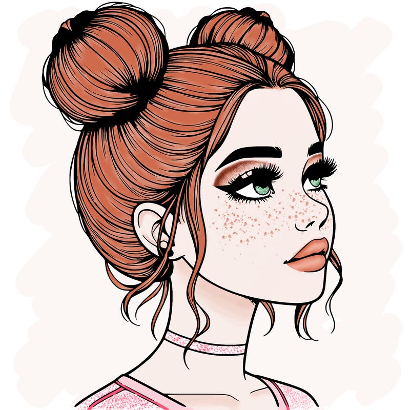 realistic girl with buns on the top of her head