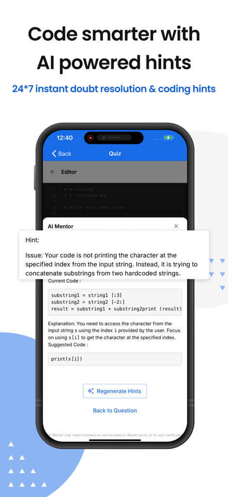 Un smartphone que muestra sugerencias de código impulsadas por IA y la función de mentor para estudiantes de programación.