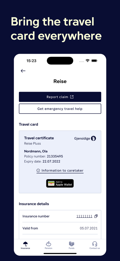 Gjensidige - Digitale Reiseversicherungsbescheinigung und Schadensmeldungsfunktionen in der Gjensidige Mobile-App.