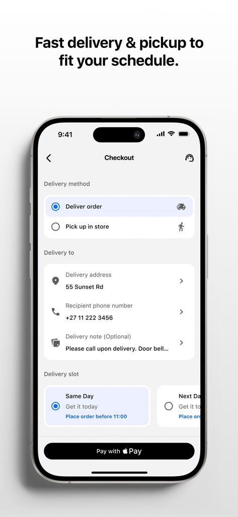 iStore Pre-owned - Checkout screen of iStore Pre-owned app showing delivery and pickup options with Apple Pay