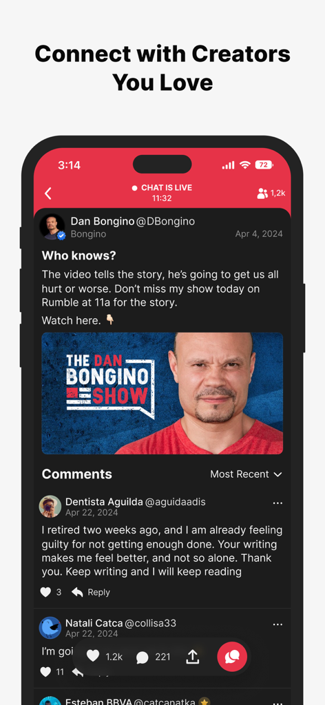 Captura de tela móvel do aplicativo Locals mostrando uma postagem de Dan Bongino com uma seção de comentários da comunidade.