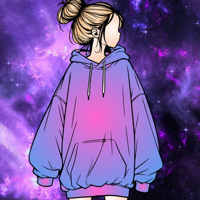 realistic girl with a oversized sweatshirt on and a bun