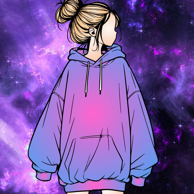 realistic girl with a oversized sweatshirt on and a bun