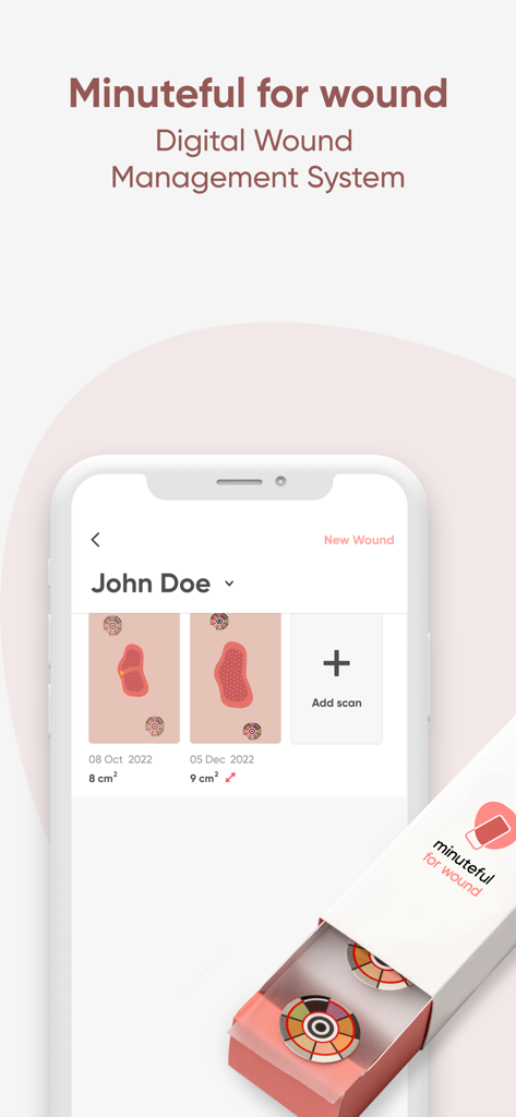 Minuteful for Wound - Minuteful for Wound app interface showing digital wound measurements and calibration stickers