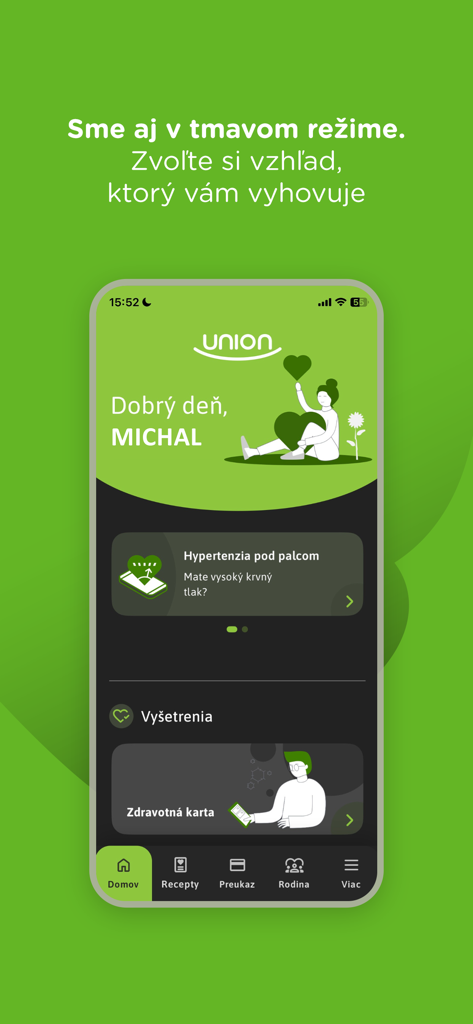 Union 건강 보험 모바일 앱 대시보드에 다크 모드 인터페이스 표시