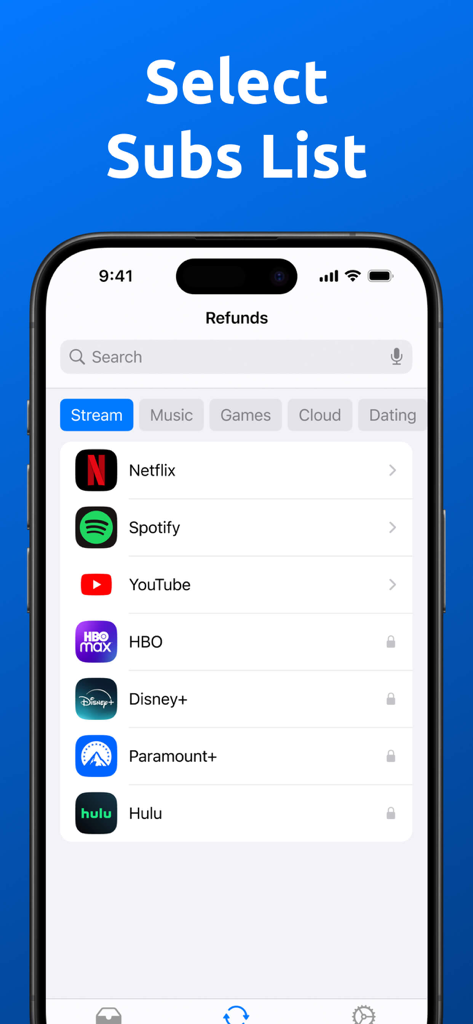 Subscription Trackerㅤ - A mobile interface listing popular streaming services like Netflix and Spotify within the refunds management section of the Subscription Tracker app