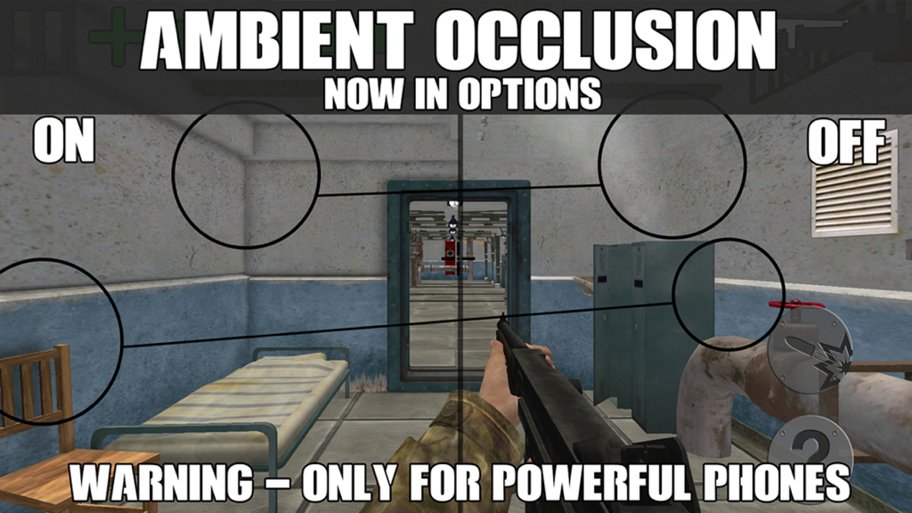 Un confronto che mostra l'impostazione grafica dell'occlusione ambientale attivata e disattivata in Soldiers Of Valor