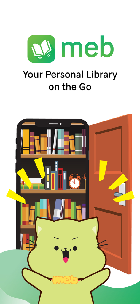 Meb app splash screen showing a bookshelf inside a smartphone and a cute green cat mascot.