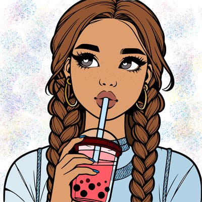 realistic girl with braided hair drinking boba
