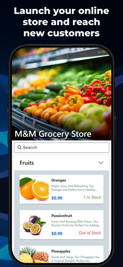 M&M POS - Payments For Stripe - IPhone screen displaying the M&M POS online grocery store interface with fruit listings and stock status.