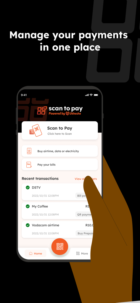 Dashboard of MasterPass Scan to Pay app showing payment options and transaction history