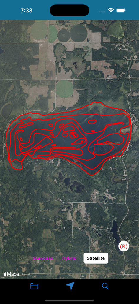 KML and KMZ file viewer app showing red boundary overlays on a satellite map