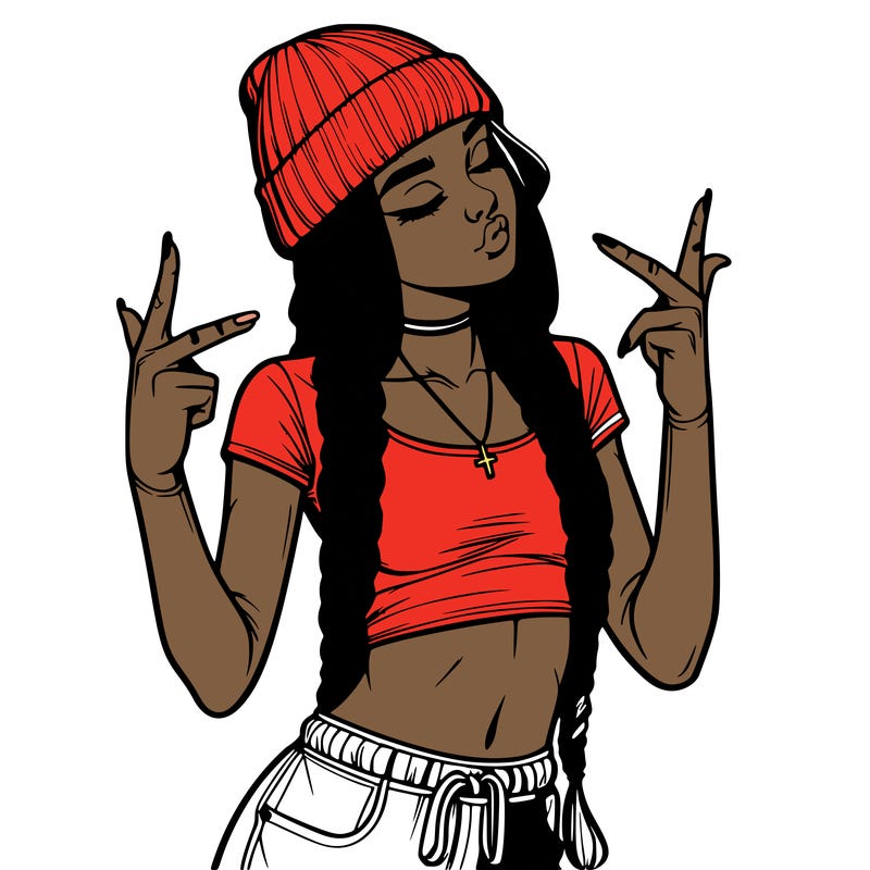 realistic teenage girl with braids and a beanie and crop top doing 🫶🏼
