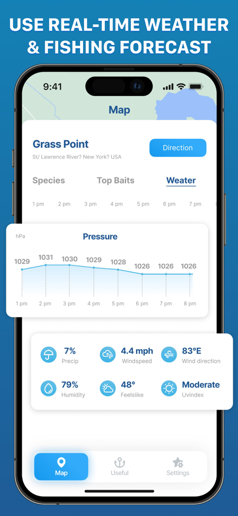 Fishing App : Fish Finder - Fish Finder app interface showing real time weather conditions and air pressure chart for anglers