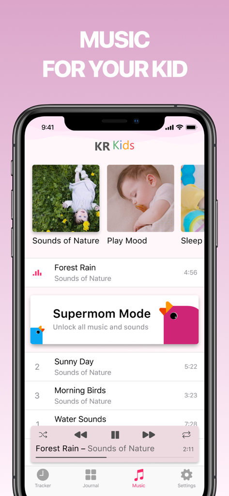 KR Kids app interface displaying soothing music and nature sounds for babies