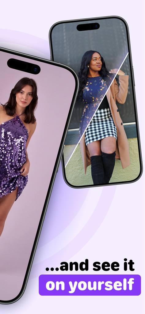 Two smartphones displaying the ButtonUp app showing hyper-realistic virtual clothing try-ons on different women.