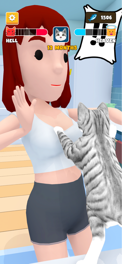 Eine 3D-Katze springt in einem entscheidungsbasierten Lebenssimulationsspiel auf ihren Besitzer und zeigt Himmel- und Höllenbalken