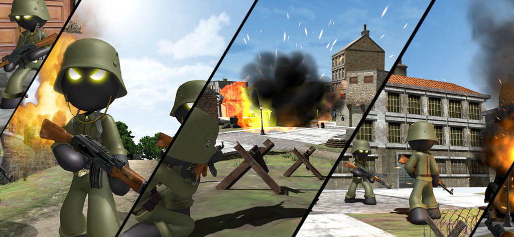 Stickman WW2 Duty - FPS - Action-packed collage of stickman soldiers in World War II combat zones with explosions