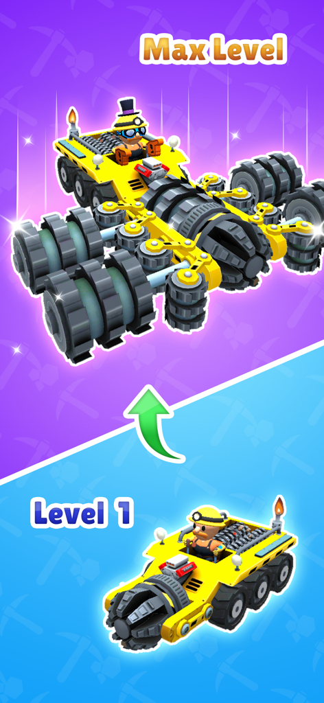 Idle Mine! - A comparison showing the evolution from a Level 1 mining truck to a Max Level advanced mining machine