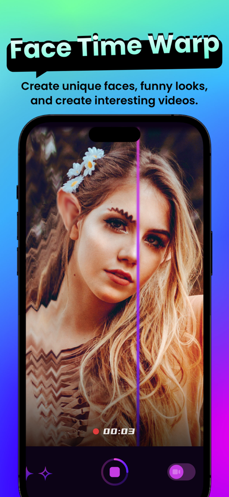 SnapMe app interface showing the Face Time Warp filter distorting a portrait photo